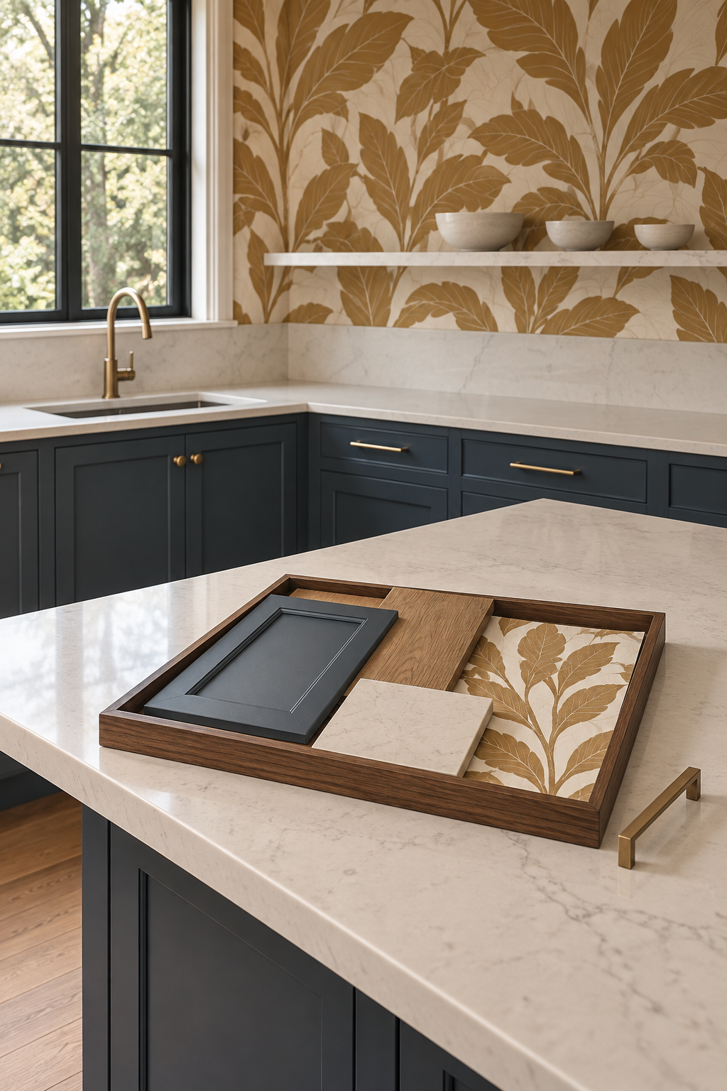 Generated kitchen concept with blue cabinetry and ochre botanical wallpaper, with cabinet, wood, quartz and wallpaper samples displayed on the island.