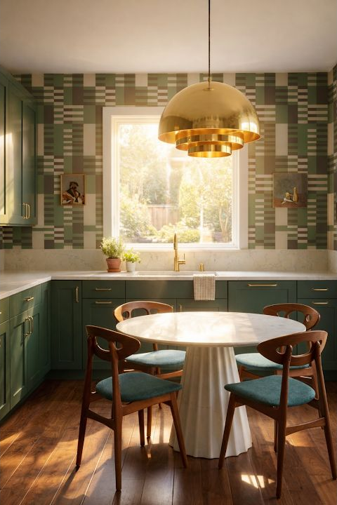 Green-toned eat-in station with table placement matched to a bright window edge and open floor path.