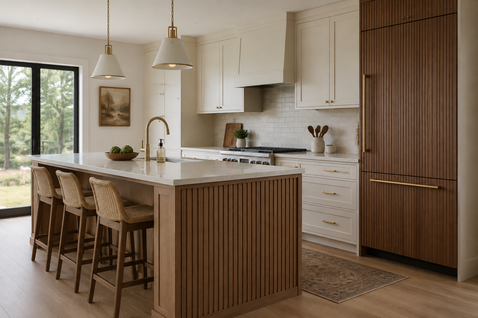 Cream Shaker kitchen with one restrained walnut reeded cabinet feature and matching island texture.