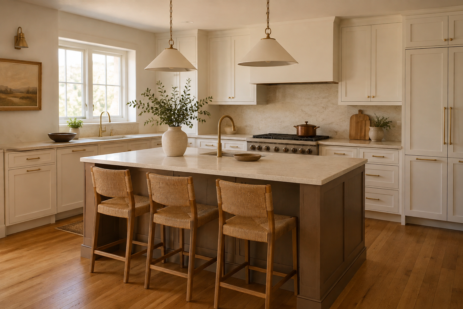 Warm white perimeter cabinets and a clay-brown island sharing warm undertones with oak and creamy stone.