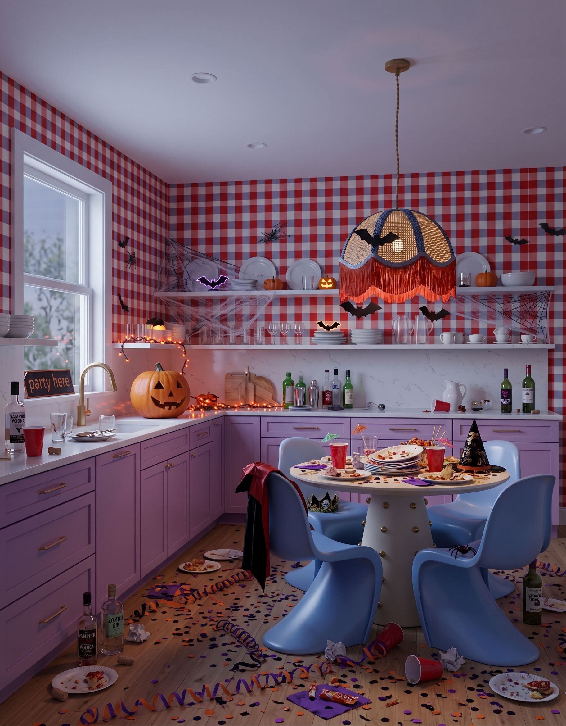 Lavender kitchen with red-and-pale checked wallpaper, blue sculptural dining chairs and black bat decorations around open shelves.