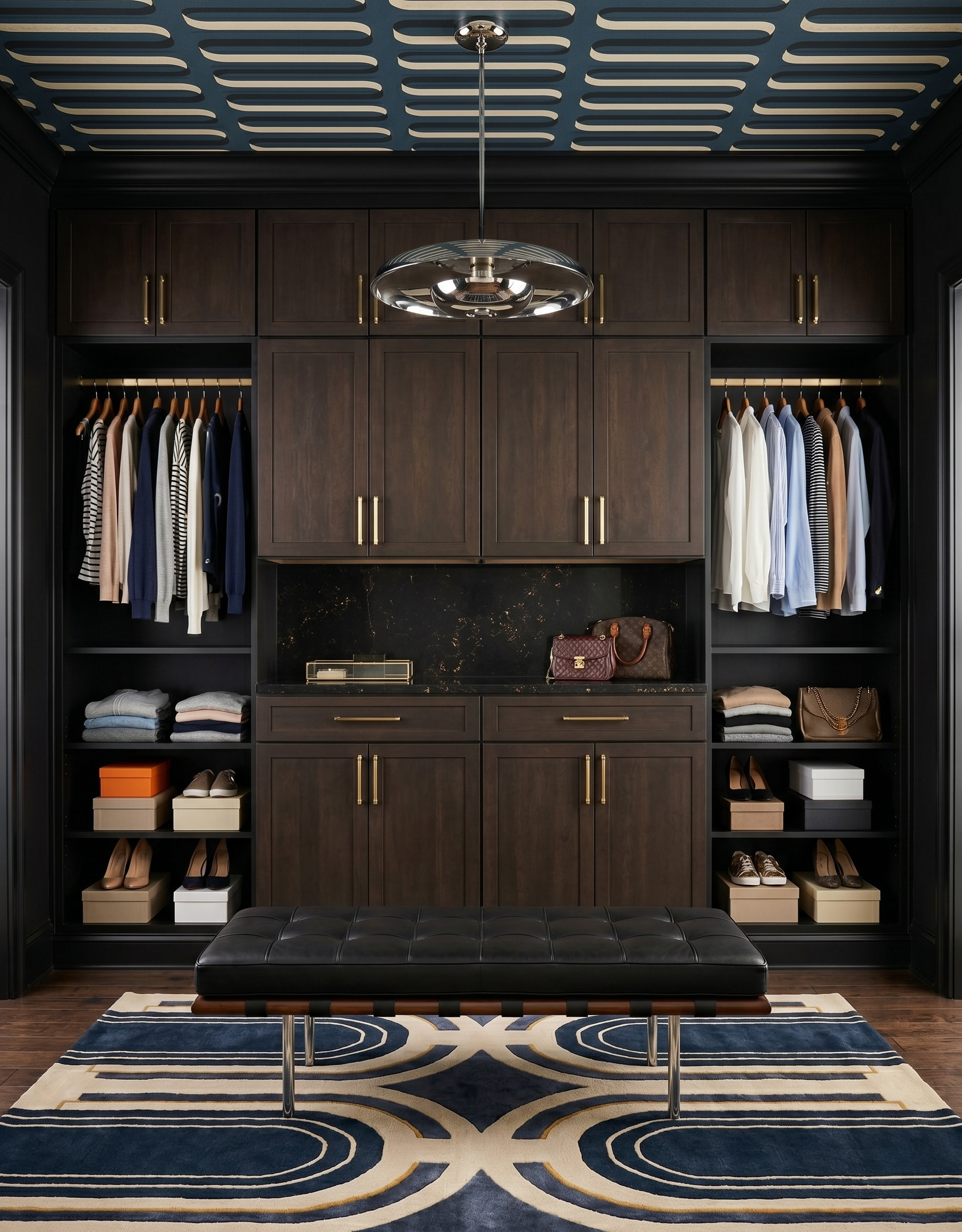 Black tufted bench with a wood frame and slim metal legs before a dark wood wardrobe wall, over a navy-and-cream geometric rug.