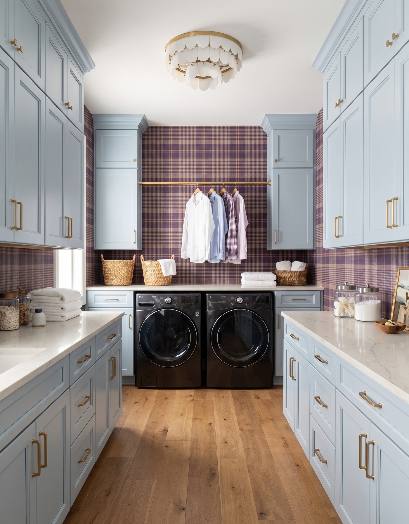 AI-created concept: Pale smoky-blue laundry cabinets with plum plaid wallpaper, an ivory scalloped light and warm wood flooring.