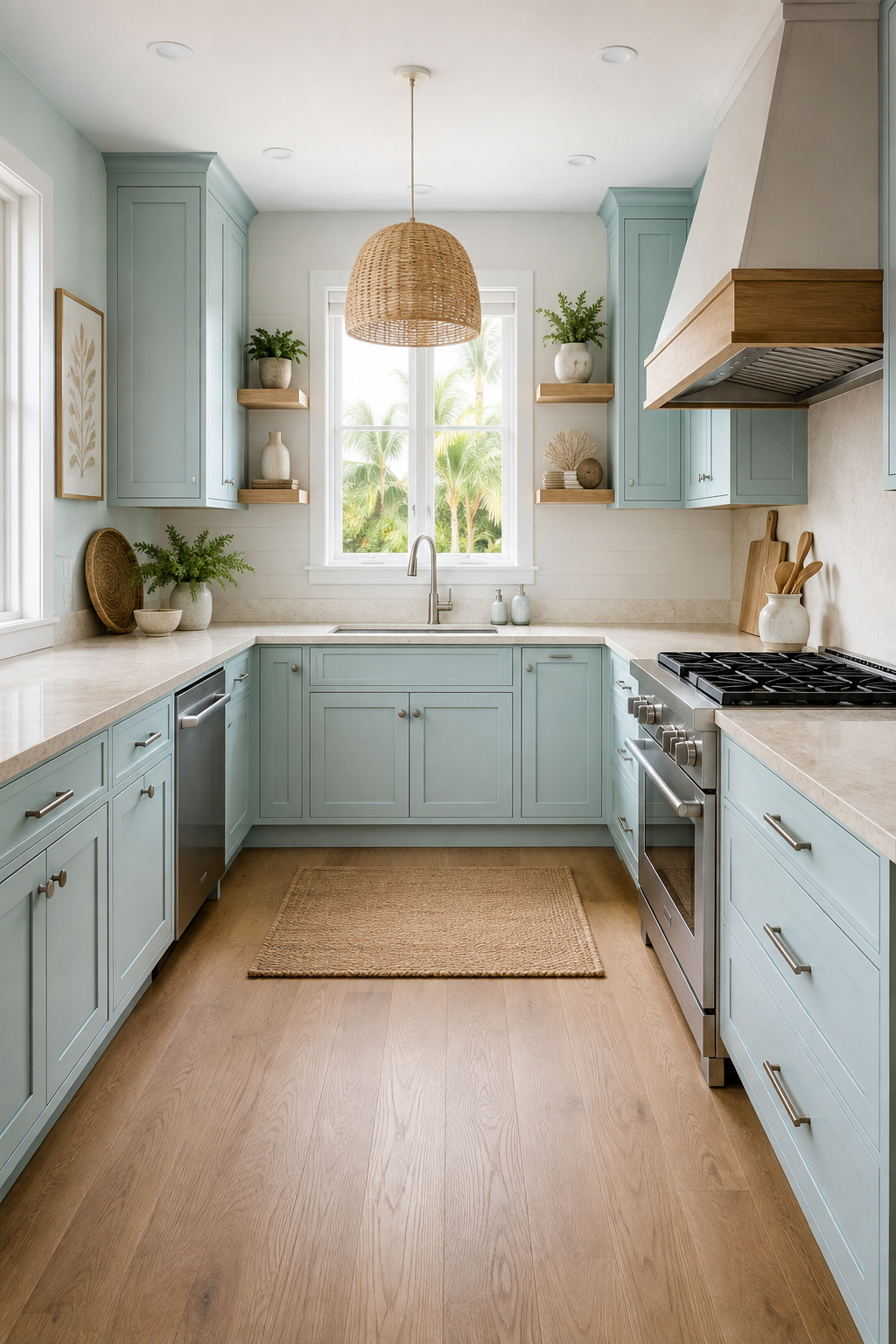 A light aqua U-shaped kitchen with warm wood details, a vented range, separate sink, and clear center floor.