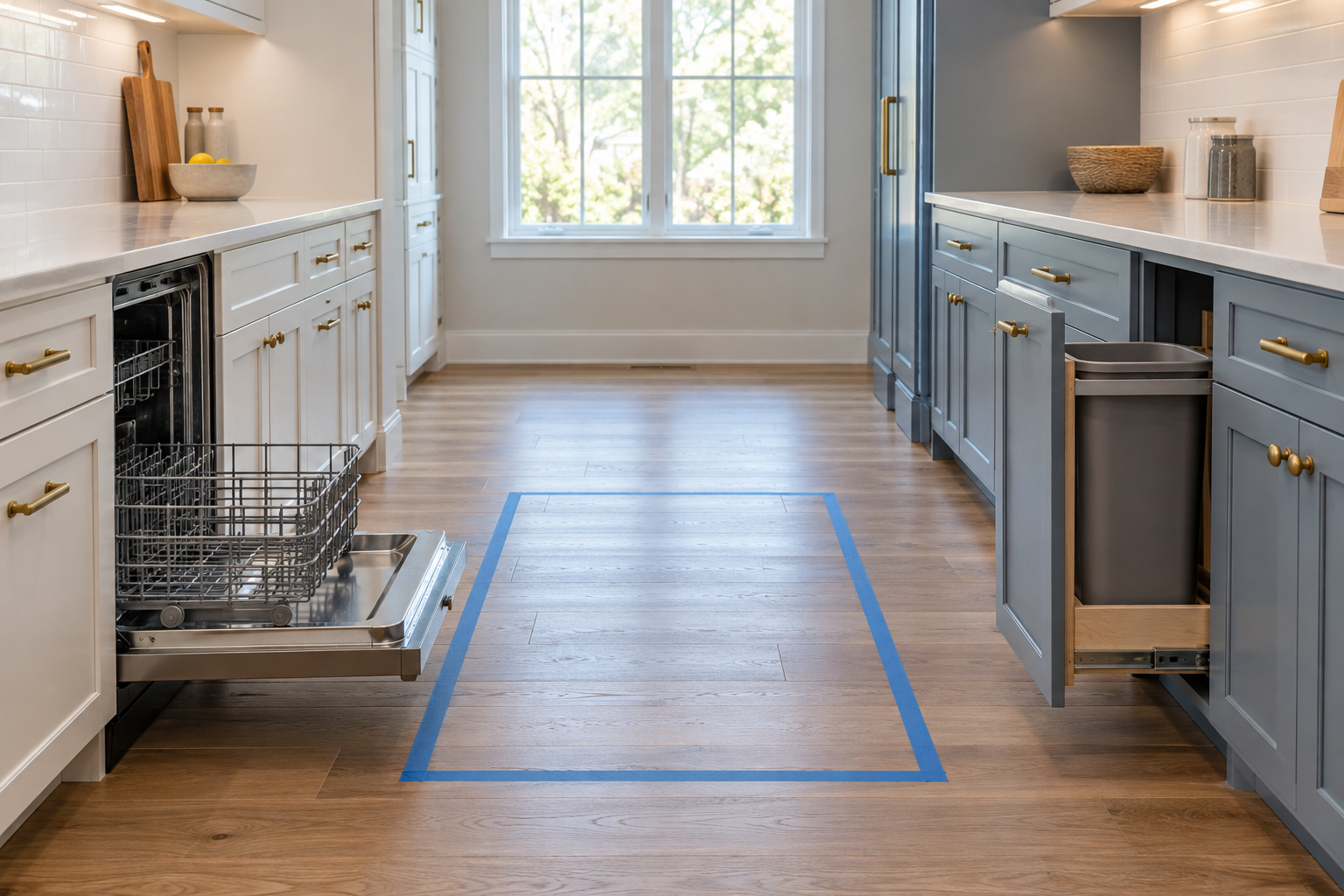 Open dishwasher and separate waste pullout face a taped standing area in a galley with dry counters.