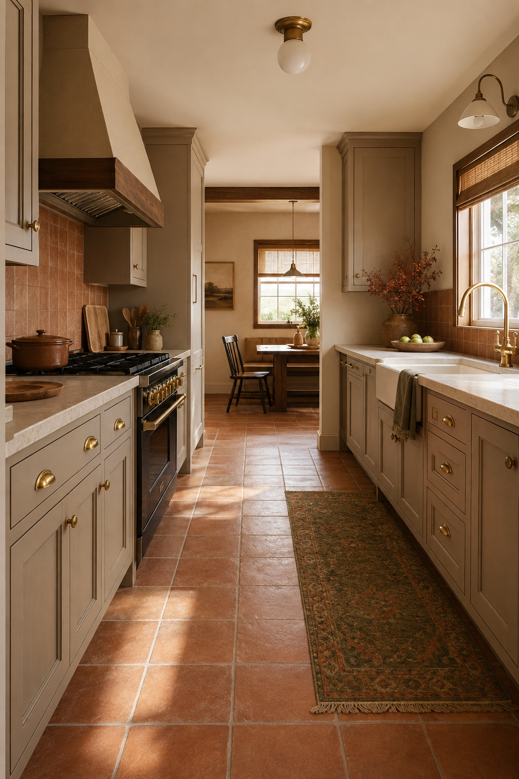 A warm 1970s-inspired country kitchen with terracotta floors, vented range, clear aisle, and a breakfast nook beyond the work zone.