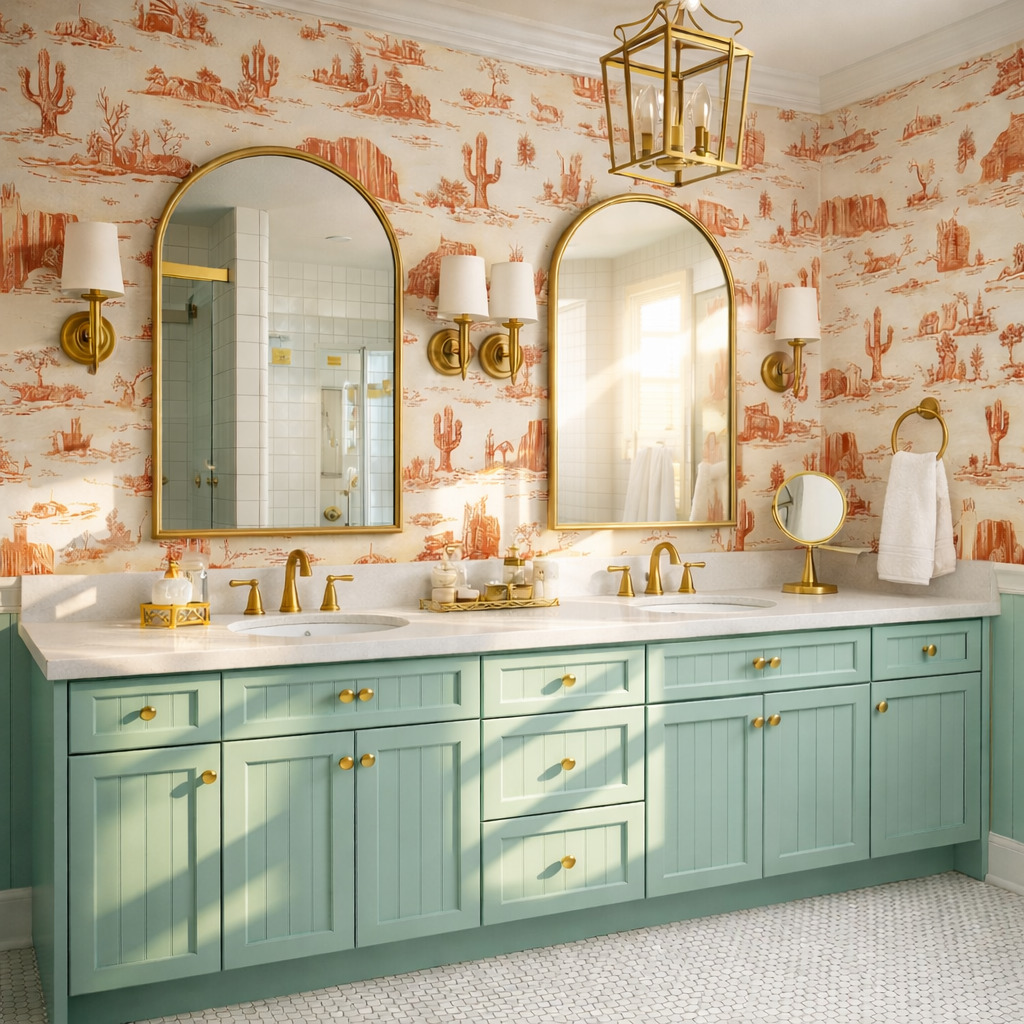 Pale aqua paneled double vanity beneath terracotta-colored desert wallpaper, arched gold mirrors, shaded sconces and a gold lantern ceiling light.