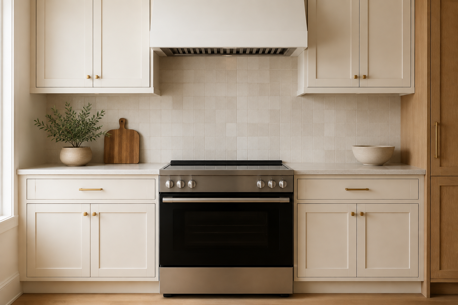 Front-control range against a continuous tile backsplash with reachable controls and no combustible shelf above.