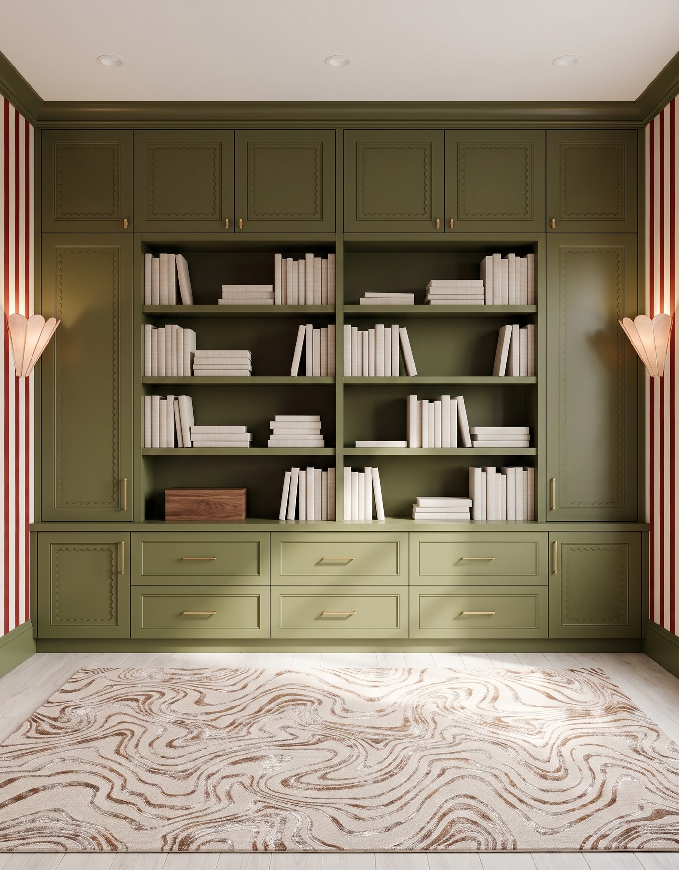 Library with deep olive scalloped cabinet fronts and solid shelf backs, red-and-ivory striped side walls, pale wood floor, cream-and-taupe contour rug, blush shell sconces and ivory books.