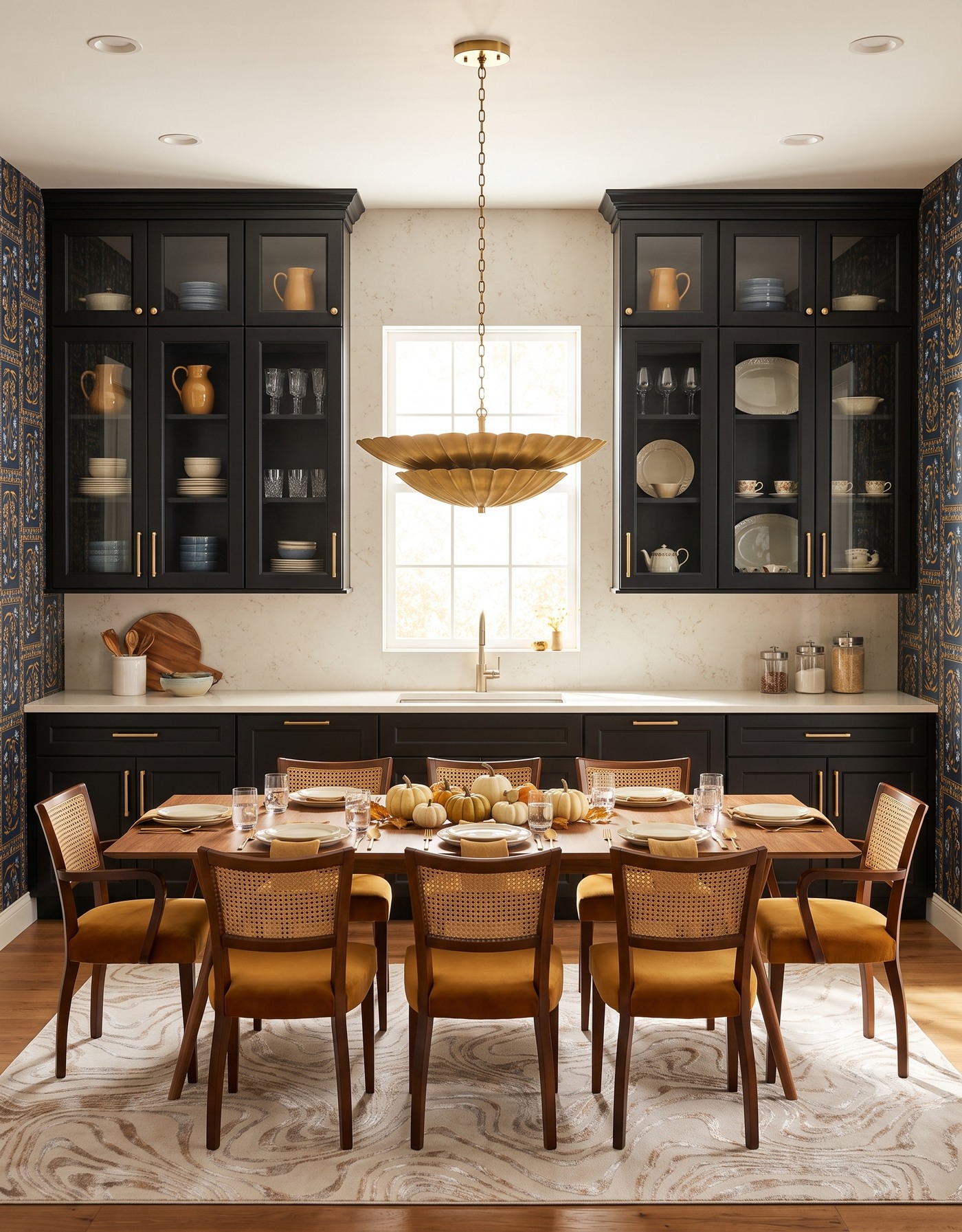 AI-created concept: Black kitchen with dark botanical wallpaper, mustard cane-back chairs and cream place settings around low pumpkins.