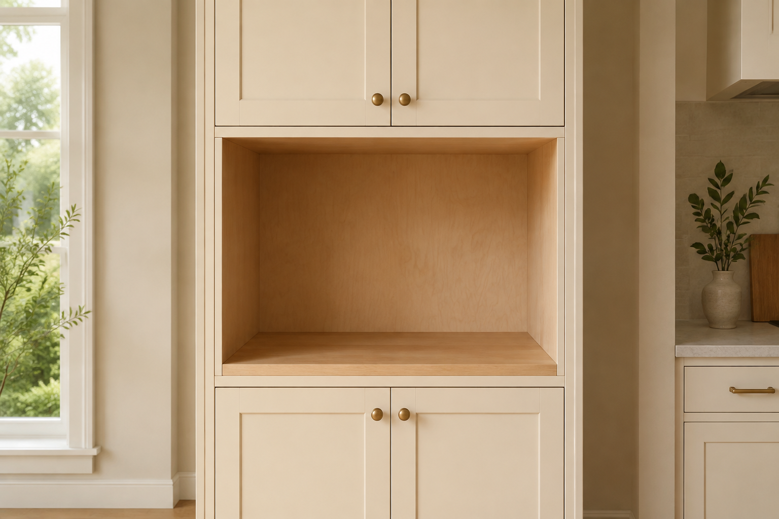 Realistically proportioned single-wall-oven cutout in a tall cabinet with a substantial level support platform.