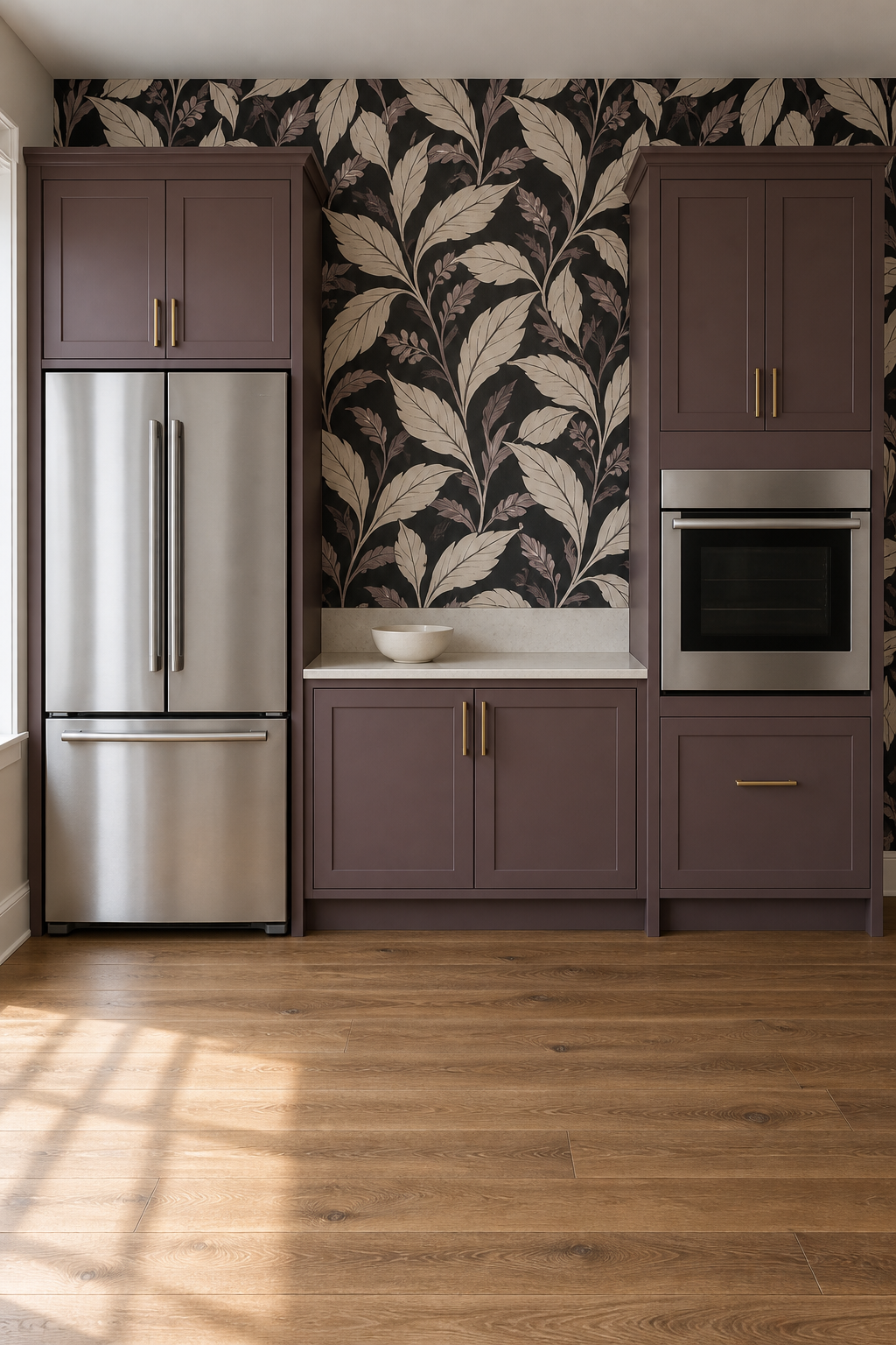 Generated kitchen concept with mulberry cabinetry and a clear quartz landing counter between a French-door refrigerator and a single wall oven.