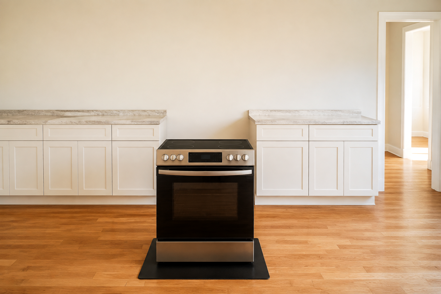 Range planning scene with clear floor strip, approach path, and service access around the appliance zone.