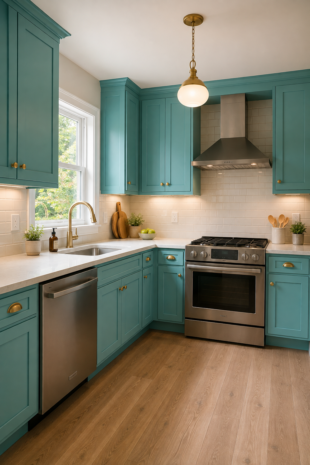 A turquoise kitchen showing the sink, dishwasher, vented range, outlets, task lights, and ceiling pendant.