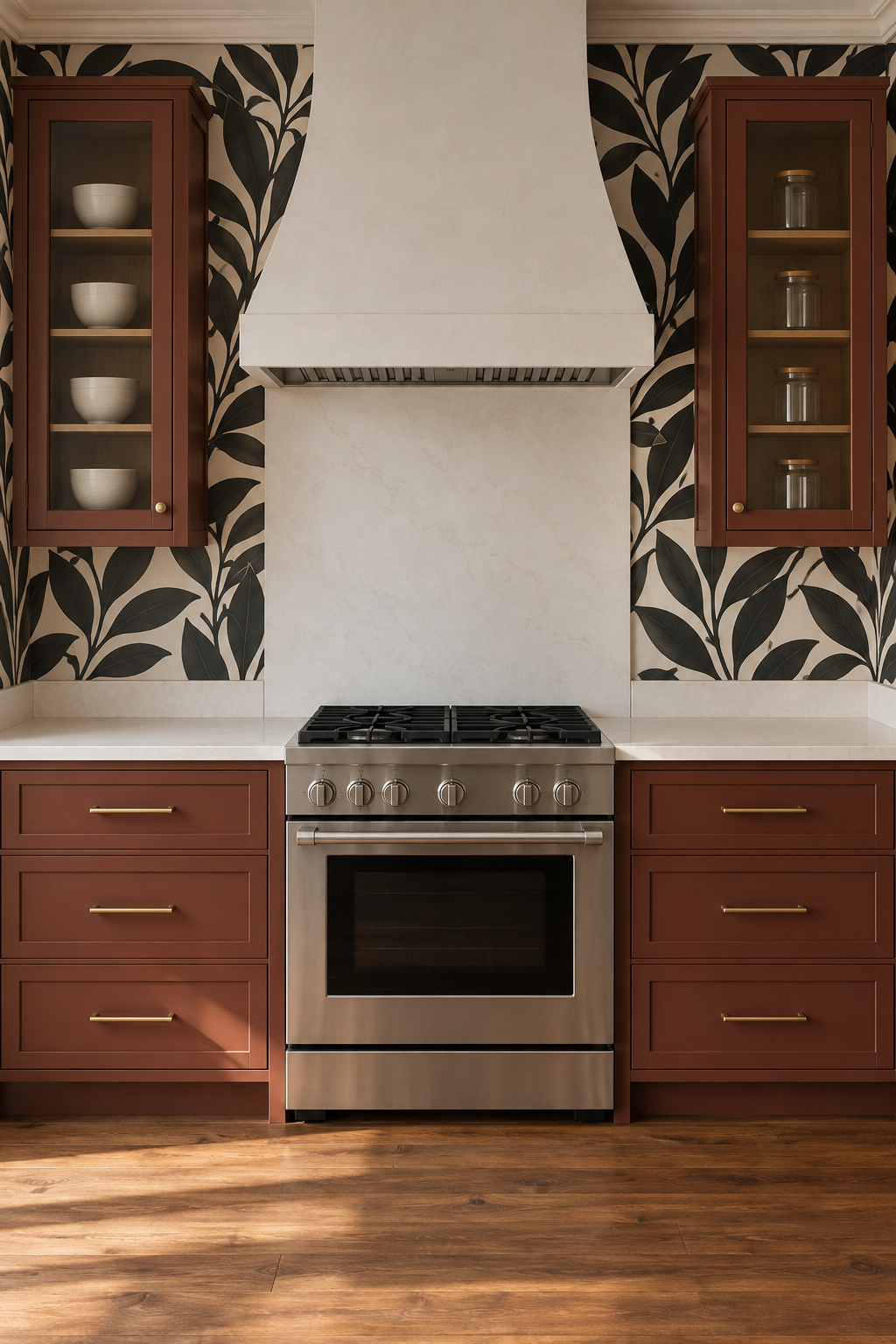 Generated kitchen concept with a range between clear landing counters, clay-red drawer cabinets and two closed glass cupboards containing plain bowls and jars.
