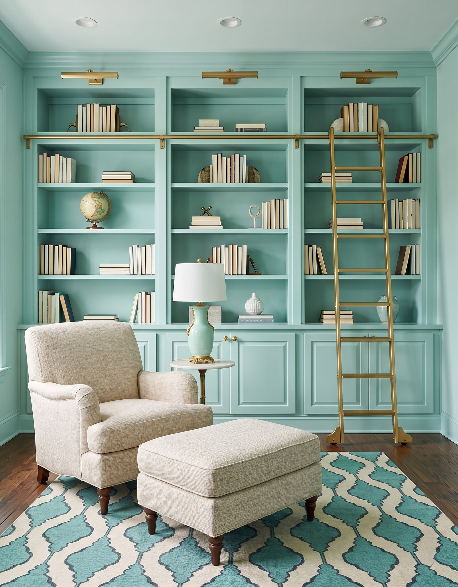 A turquoise library with three brass picture lights, supported shelf bays, closed base cabinets, a rolling ladder, and reading furniture.