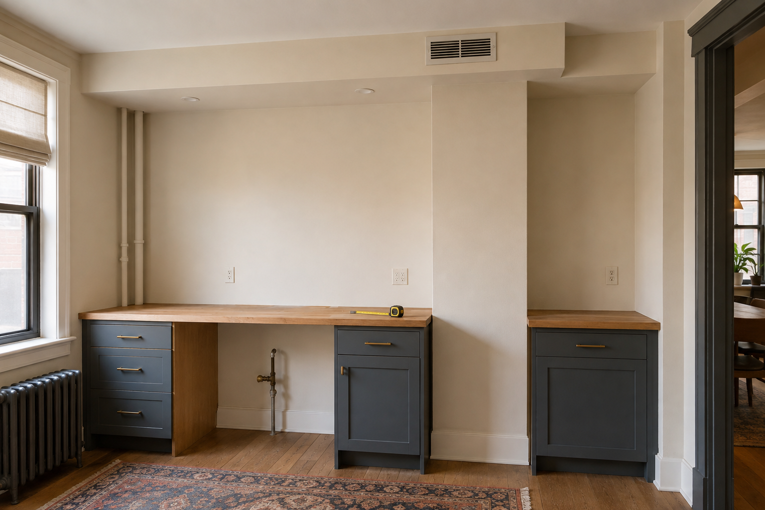Kitchen wall with plumbing, outlet, vent, and structural conditions marked for planning.