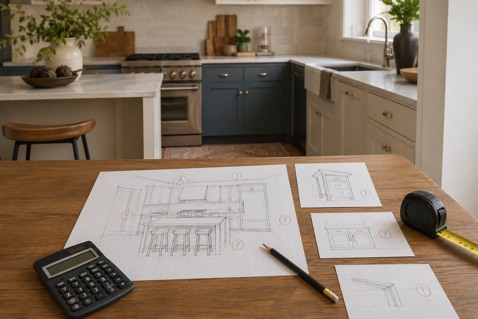 Kitchen sketch, photographs, tape measure, and checklist arranged for a final measurement review.