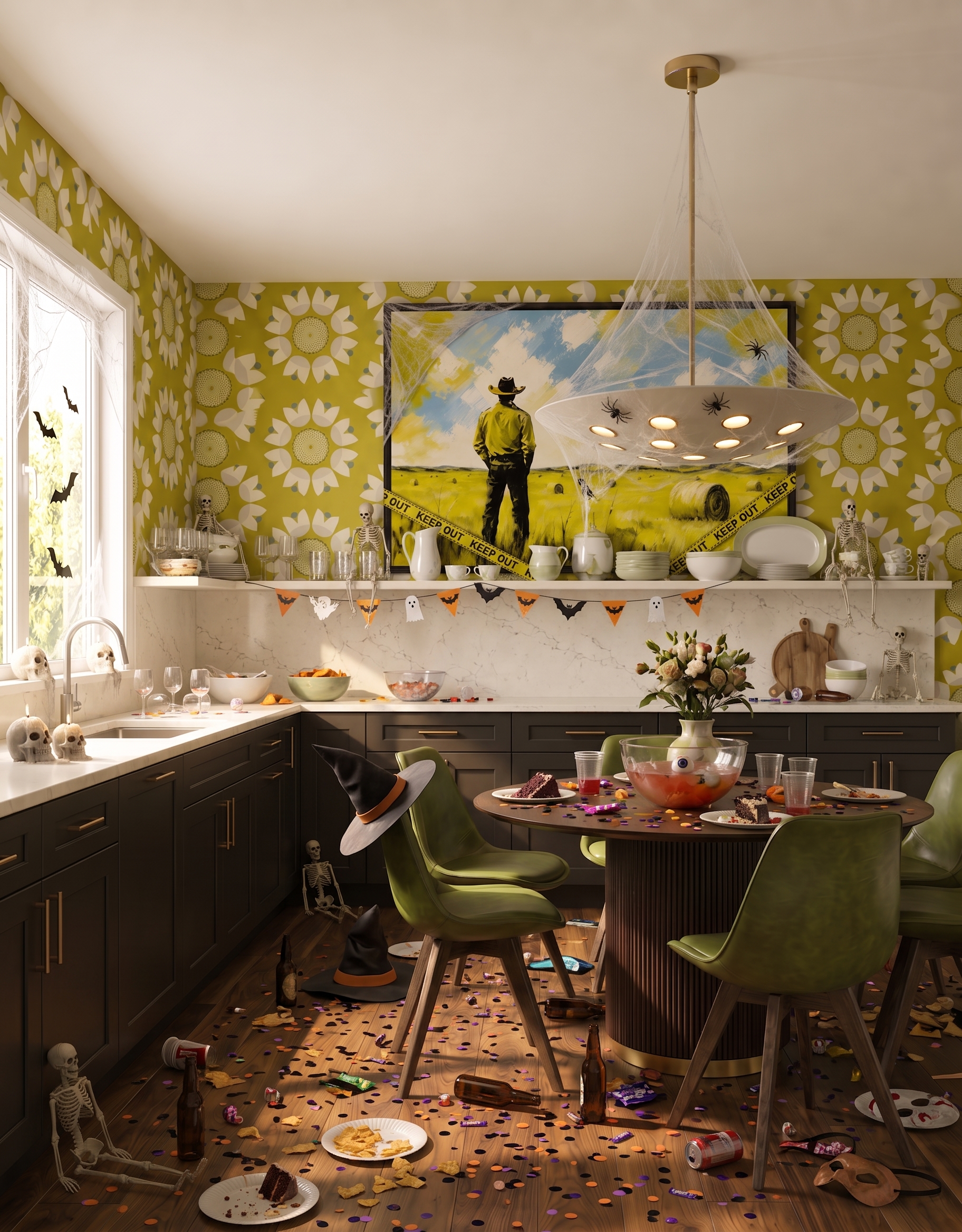 Black kitchen cabinets with chartreuse daisy wallpaper, olive dining chairs, a round pedestal table and Halloween skeleton decorations.