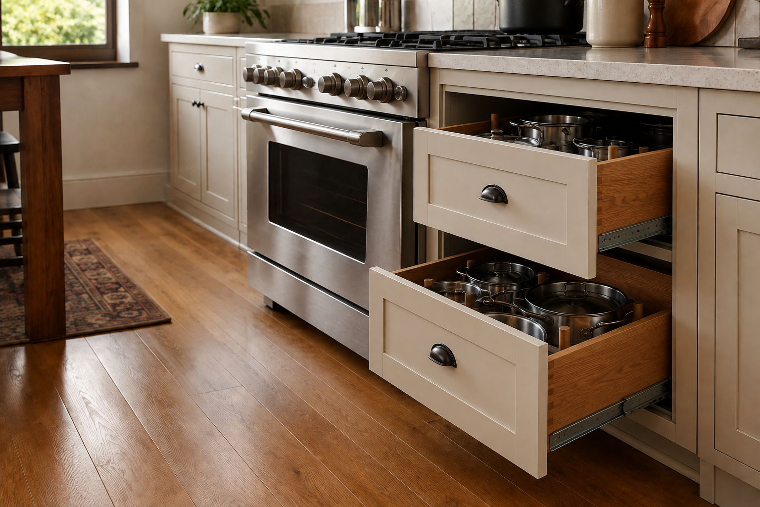 Deep base-cabinet drawers holding heavy pots, pans, and lids close to a cooking zone.
