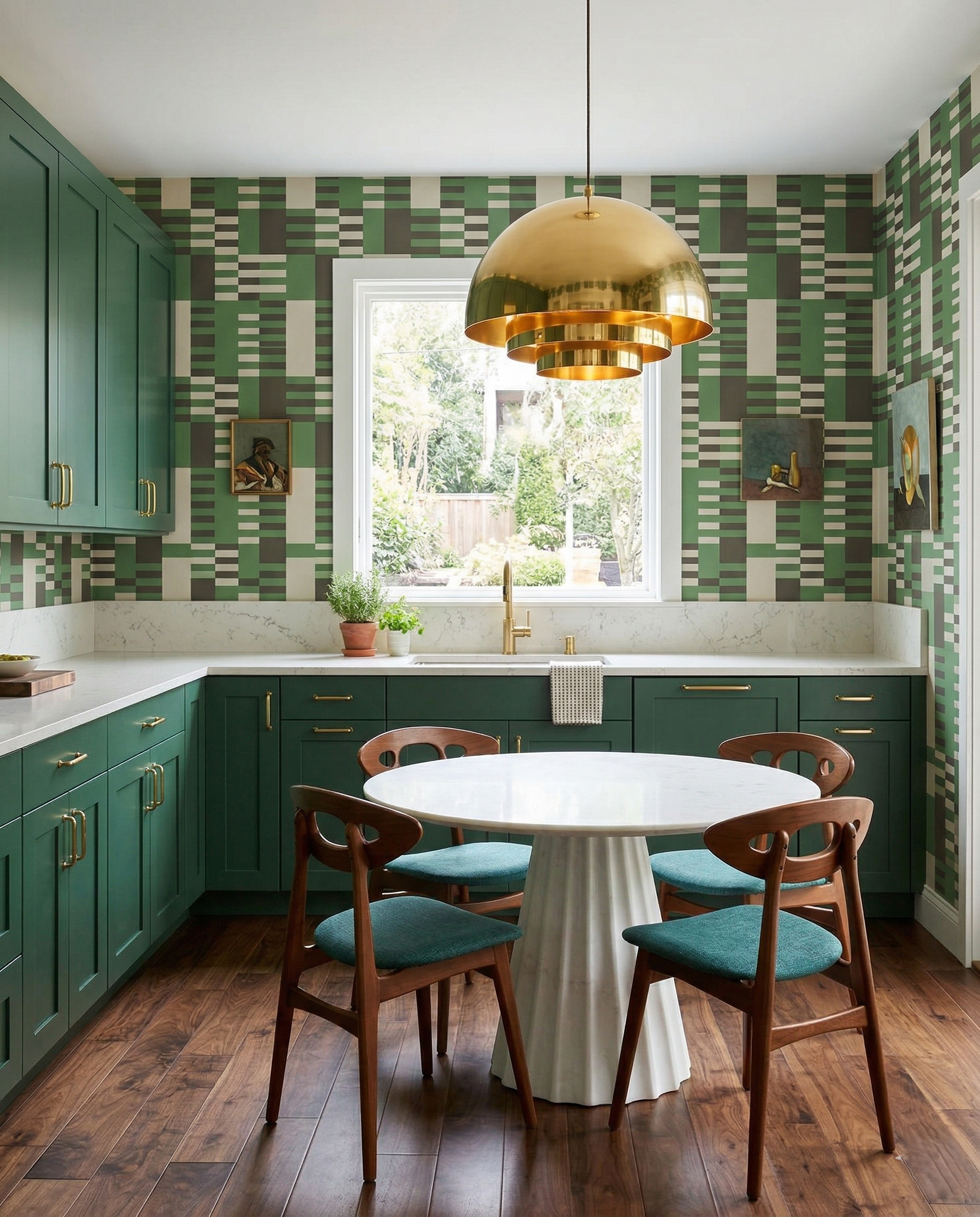 Deep green kitchen cabinets with green, charcoal and cream geometric wallpaper, a gold dome pendant and a white table with wood chairs.