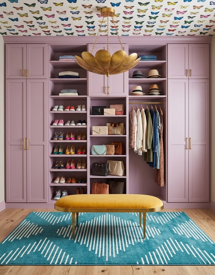 Lavender closet cabinetry with butterfly pattern, gold accents, and a small bench.