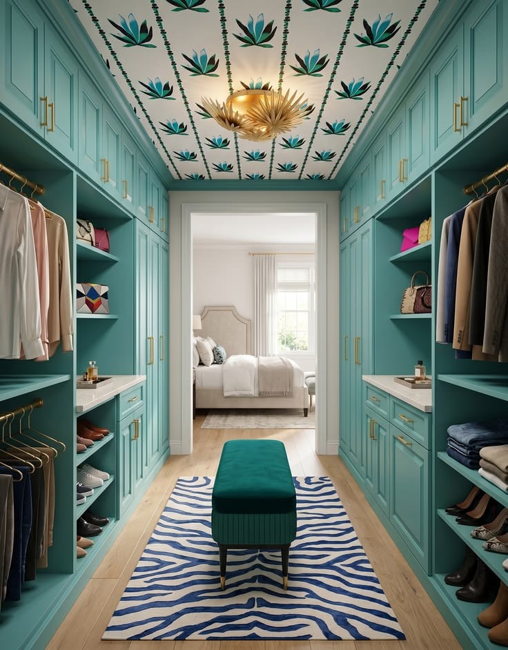Turquoise closet cabinetry with patterned ceiling, green accents, and a blue rug.