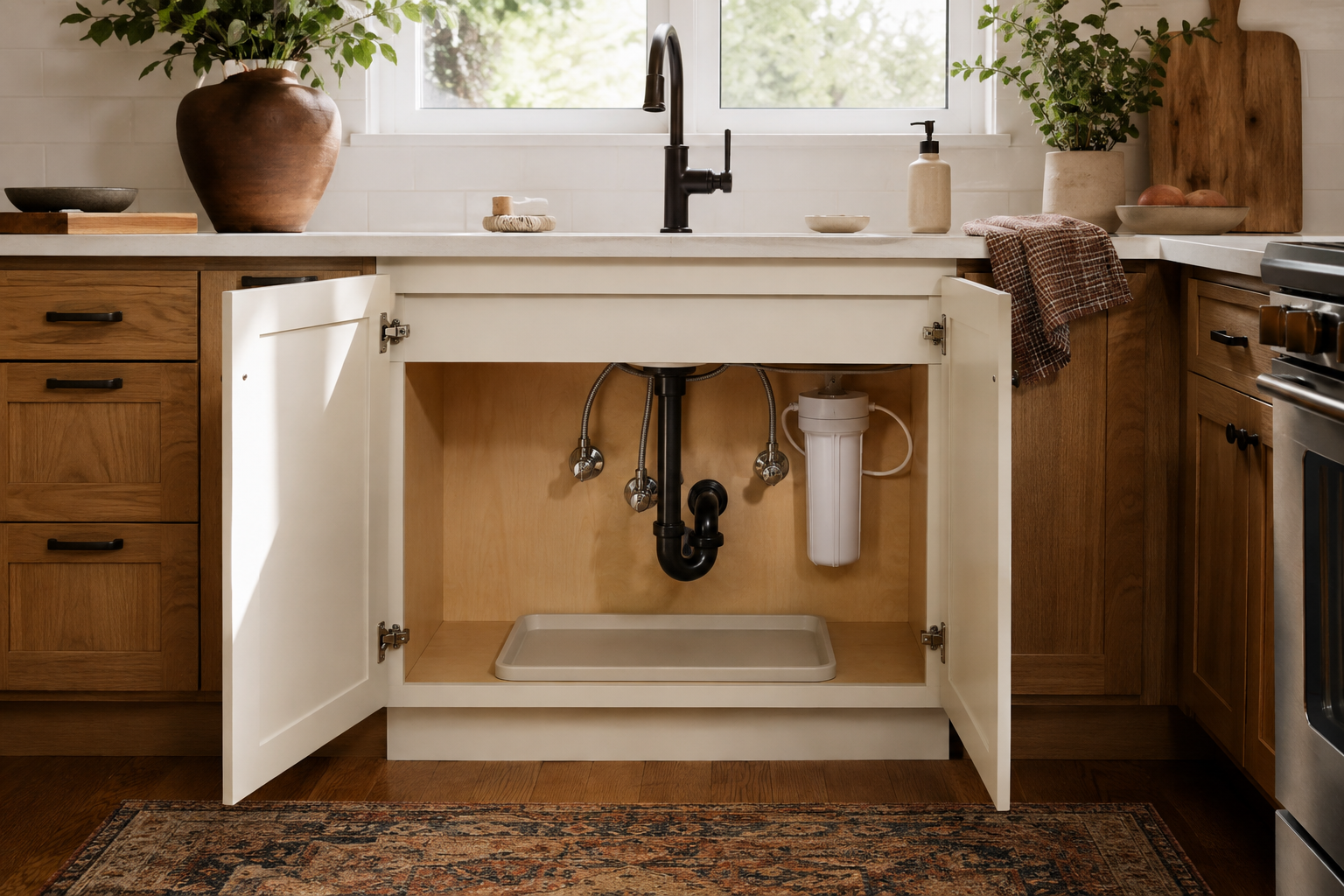 Clean open sink cabinet with removable storage, visible shutoffs, and an unobstructed maintenance path.