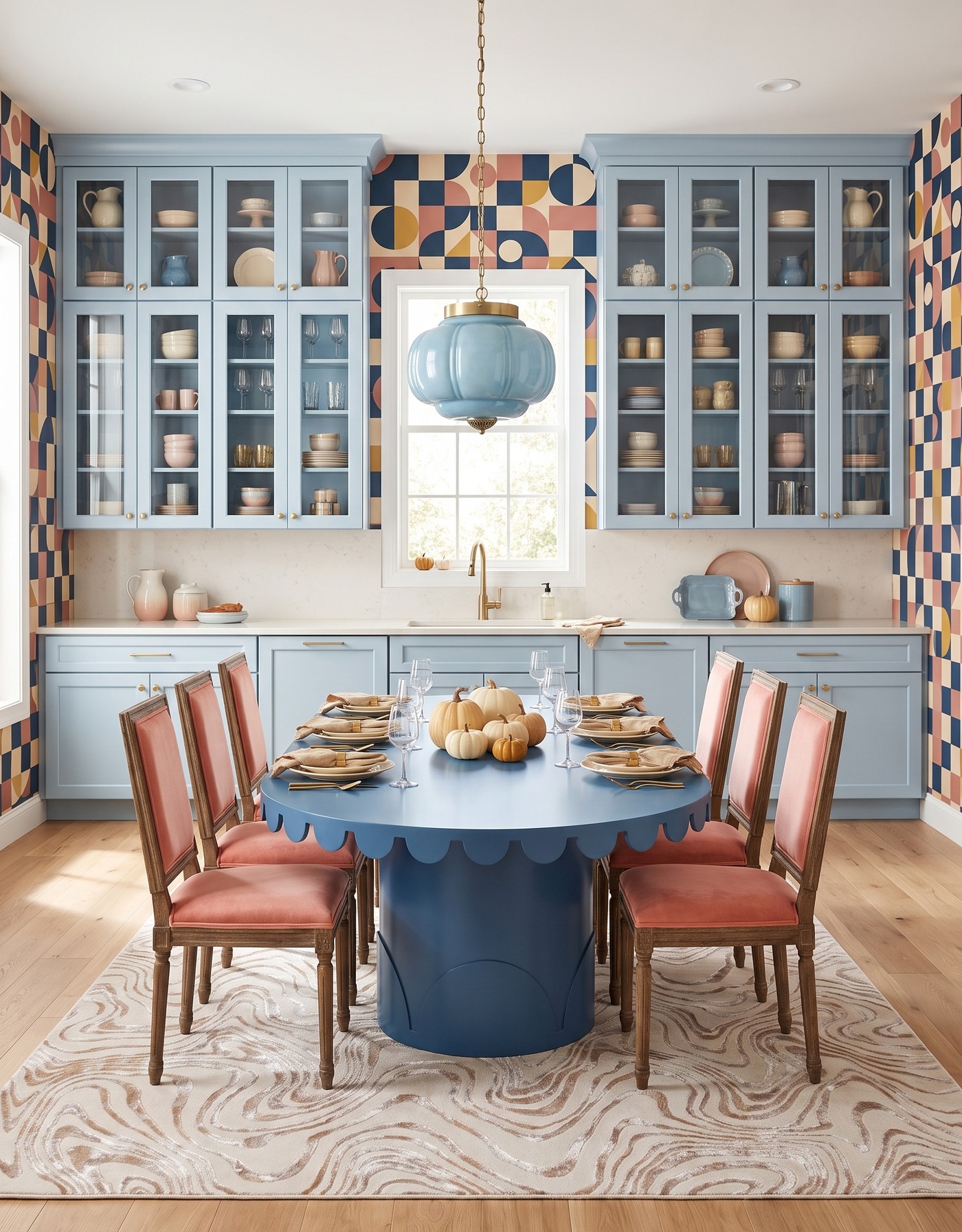 AI-created concept: Smoky-blue kitchen with geometric wallpaper, coral chairs and a blue scalloped table set with cream plates.