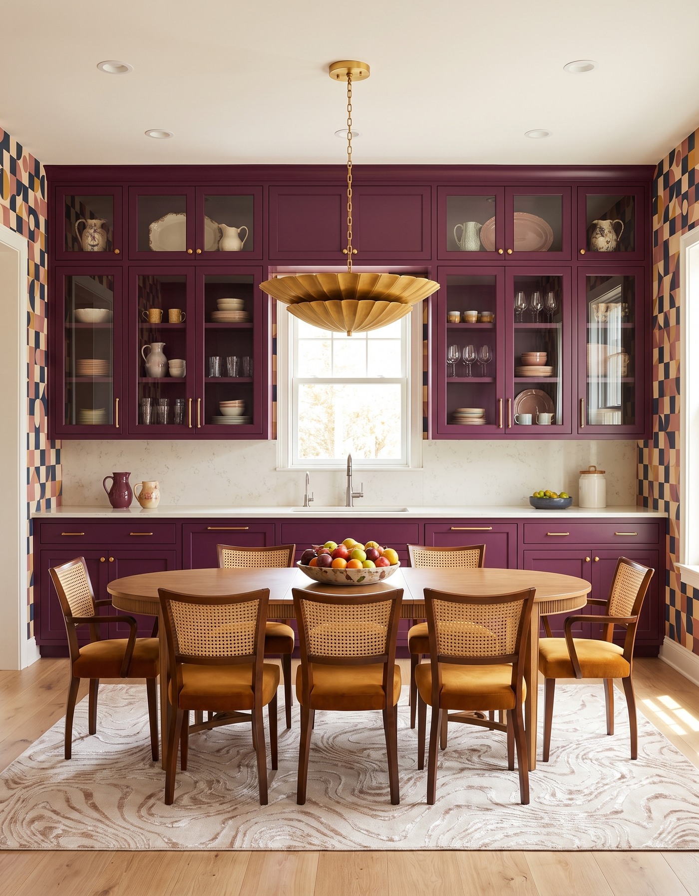 AI-created concept: Berry cabinets with navy, terracotta and ochre geometric wallpaper, cane-back chairs and a gold pendant.