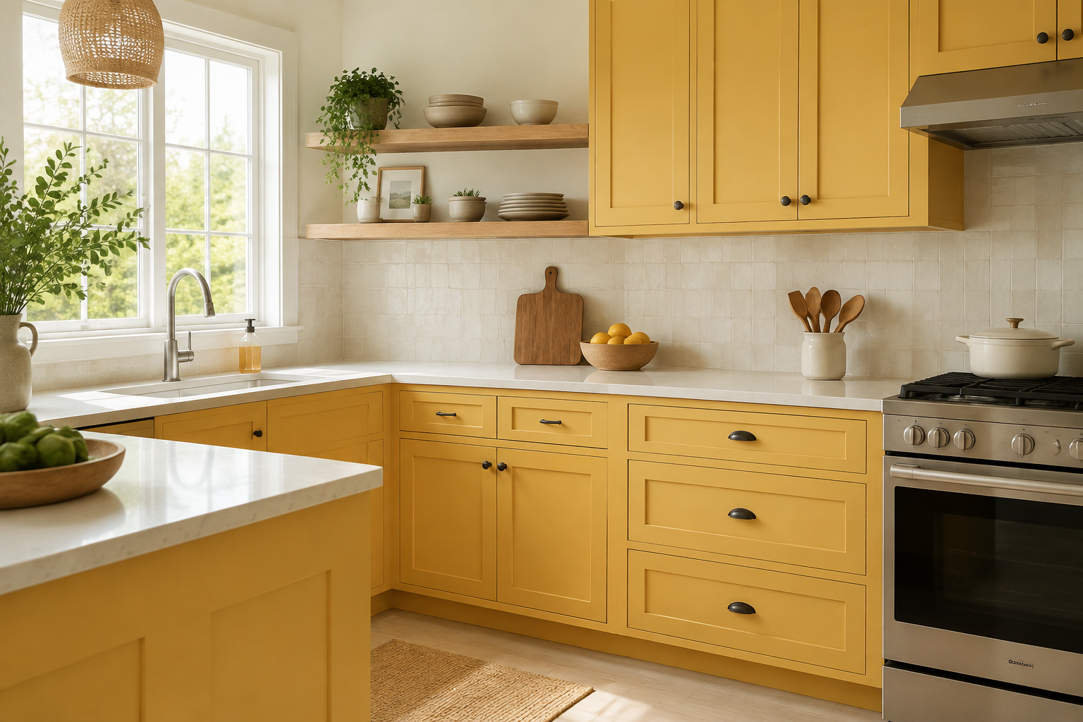 Sunny yellow cabinets with warm-white counters, a quiet backsplash, and restrained neutral flooring.
