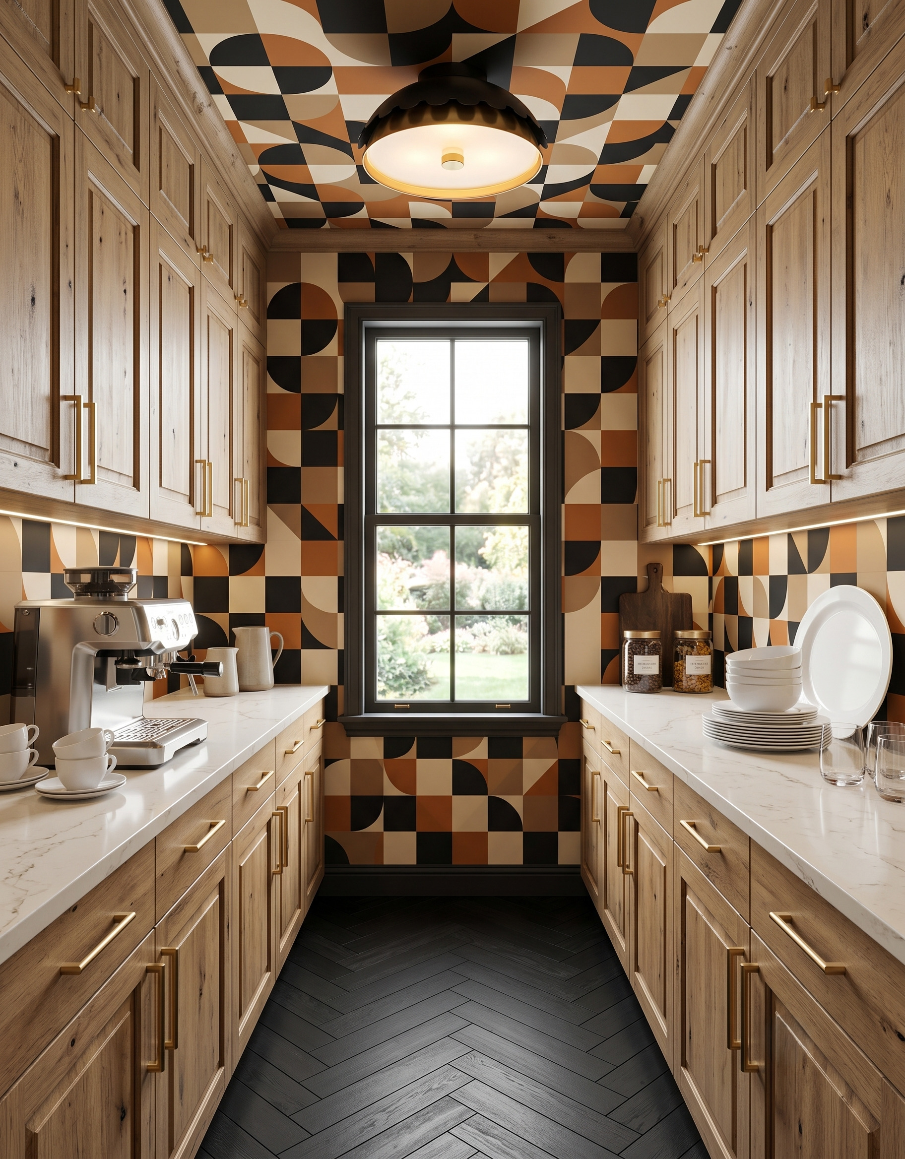 Natural-wood galley pantry with brown, black and cream geometric wallpaper, a black-framed end window and a dark herringbone floor.