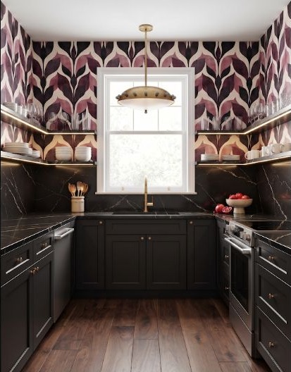 Dark kitchen cabinetry and counters set against oversized berry botanical wallpaper.