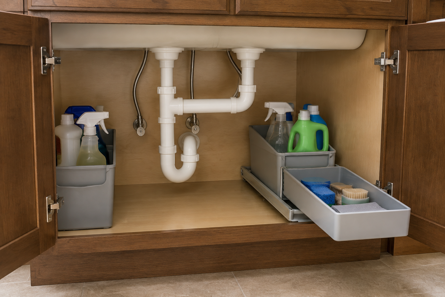 An under-sink cabinet keeps the drain, P-trap, and shutoff valves accessible while removable cleaning caddies and a side tray avoid the plumbing.