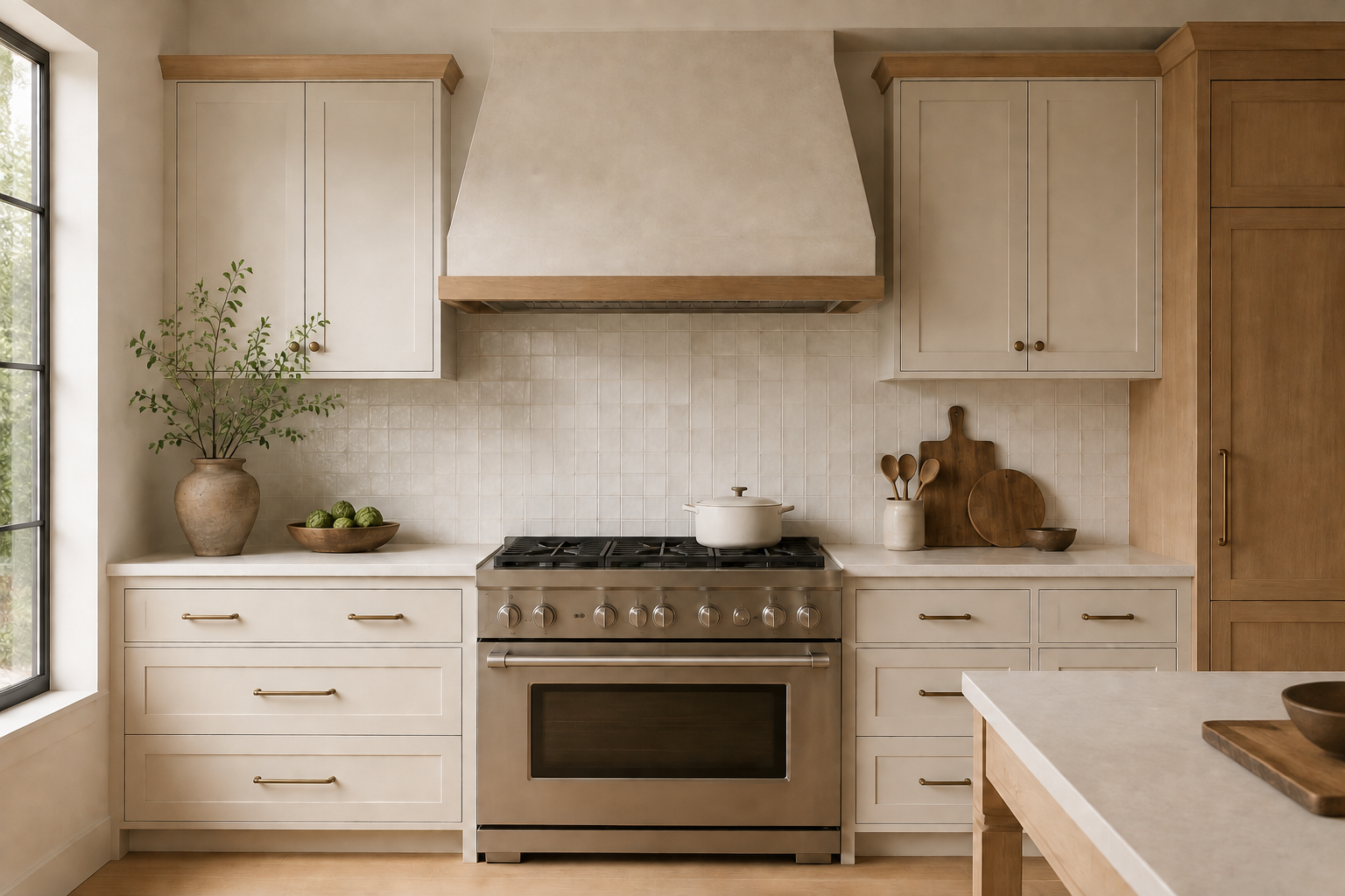 Blank unbranded range centered beneath a broad plaster hood on a balanced cooking wall.