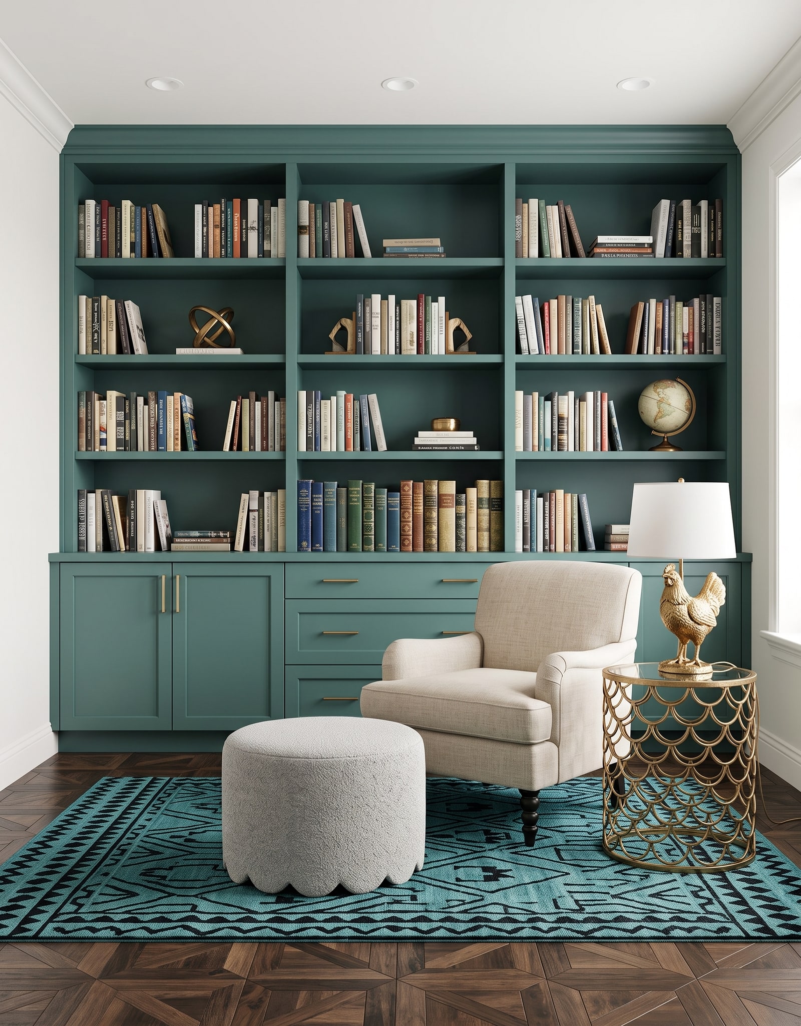 A muted-teal full-wall bookcase with three shelf bays, closed base cabinets and drawers, and reading furniture kept clear of the fronts.