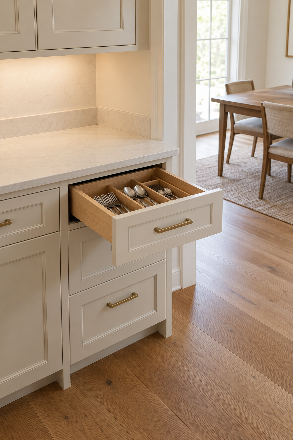 Open cutlery drawer in a separate dry cabinet beside the doorway to the dining table.