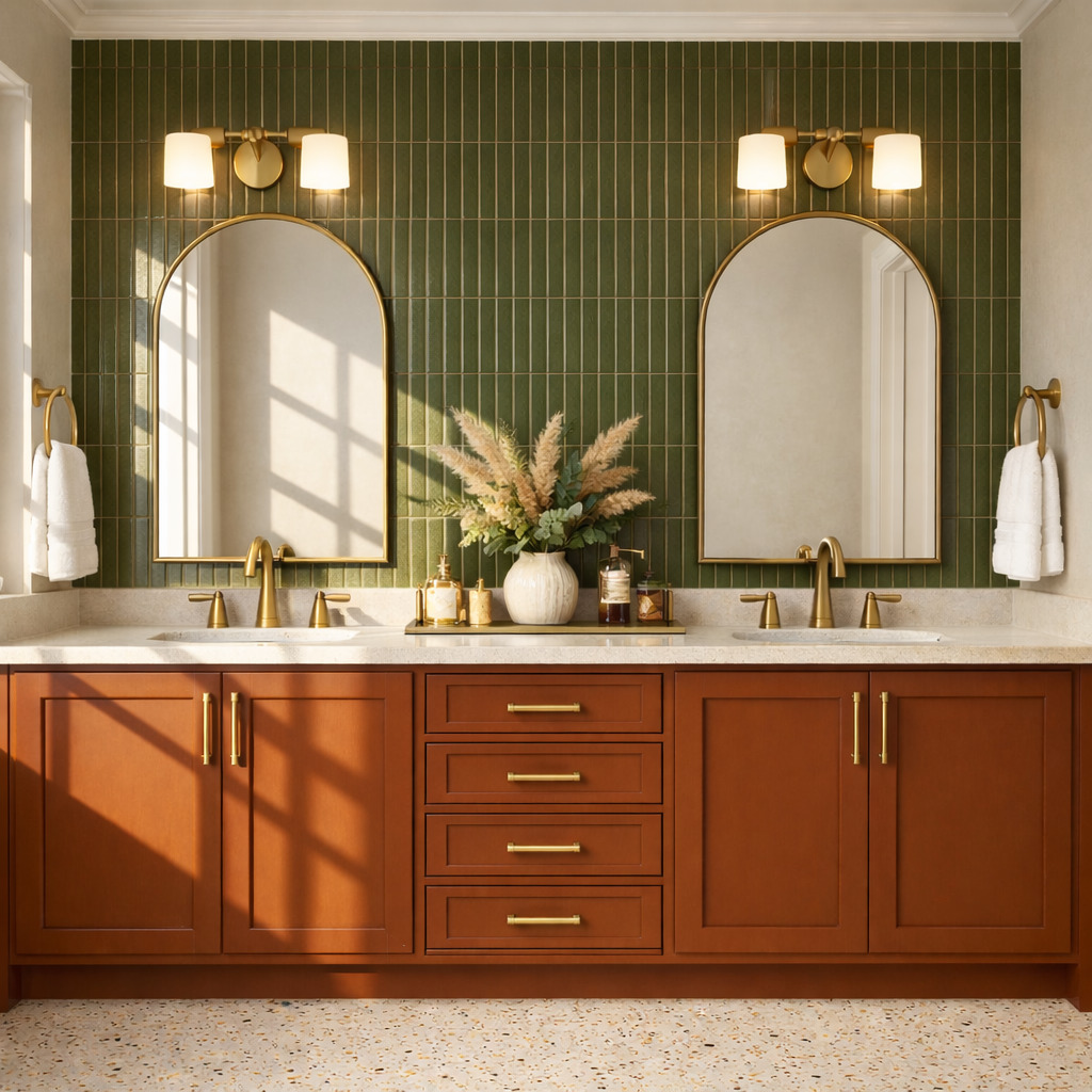 Rust-colored double vanity with narrow vertical green wall tiles, arched brass mirrors and a pale speckled floor in sunlight.