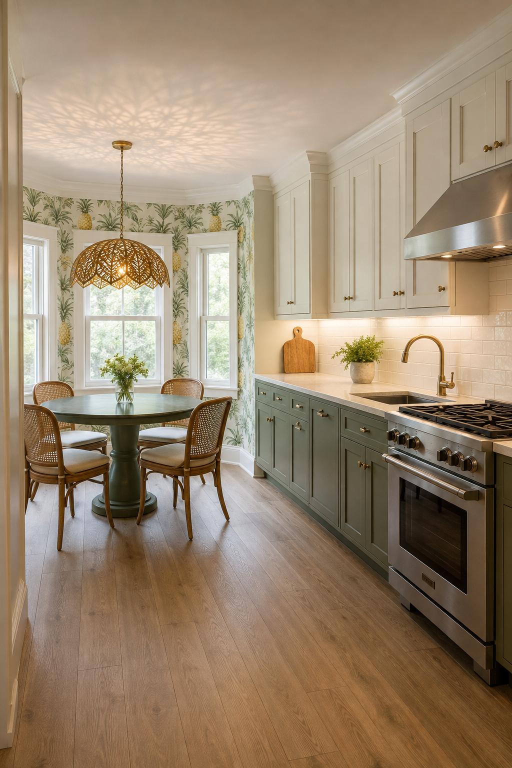 Concept image of a cream and green kitchen with a separate pineapple-wallpapered breakfast bay, a round green table, and a perforated leaf pendant casting patterned ceiling shadows.