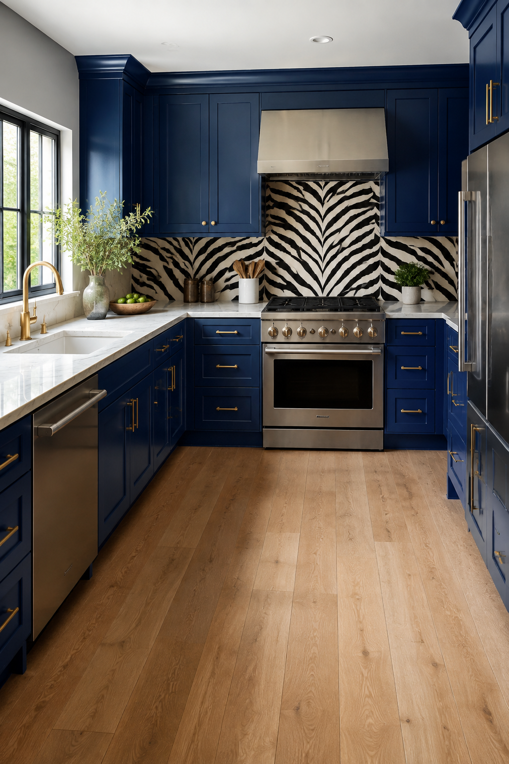 A cobalt-blue kitchen with a zebra-inspired backsplash, vented range, separate sink, and open work aisle.