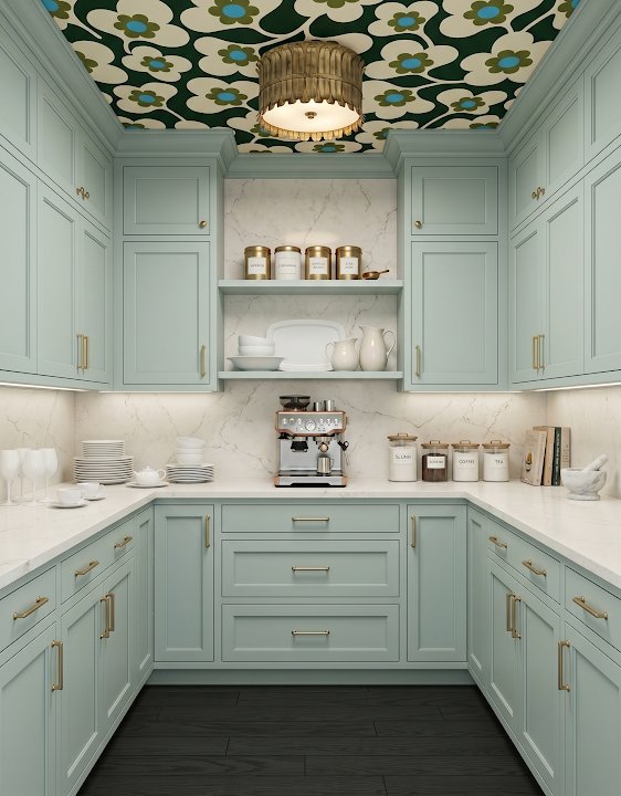 Concept image of a pale blue pantry with open shelves, lower cabinets, and a dark botanical ceiling.