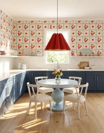 A colorful L-shaped kitchen translating bold inspiration into a defined room layout.