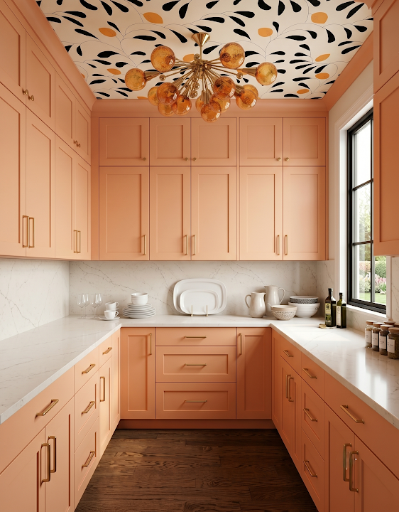 Concept image of a peach pantry with flat-panel cabinetry, a black-and-white patterned ceiling, and dark wood flooring.