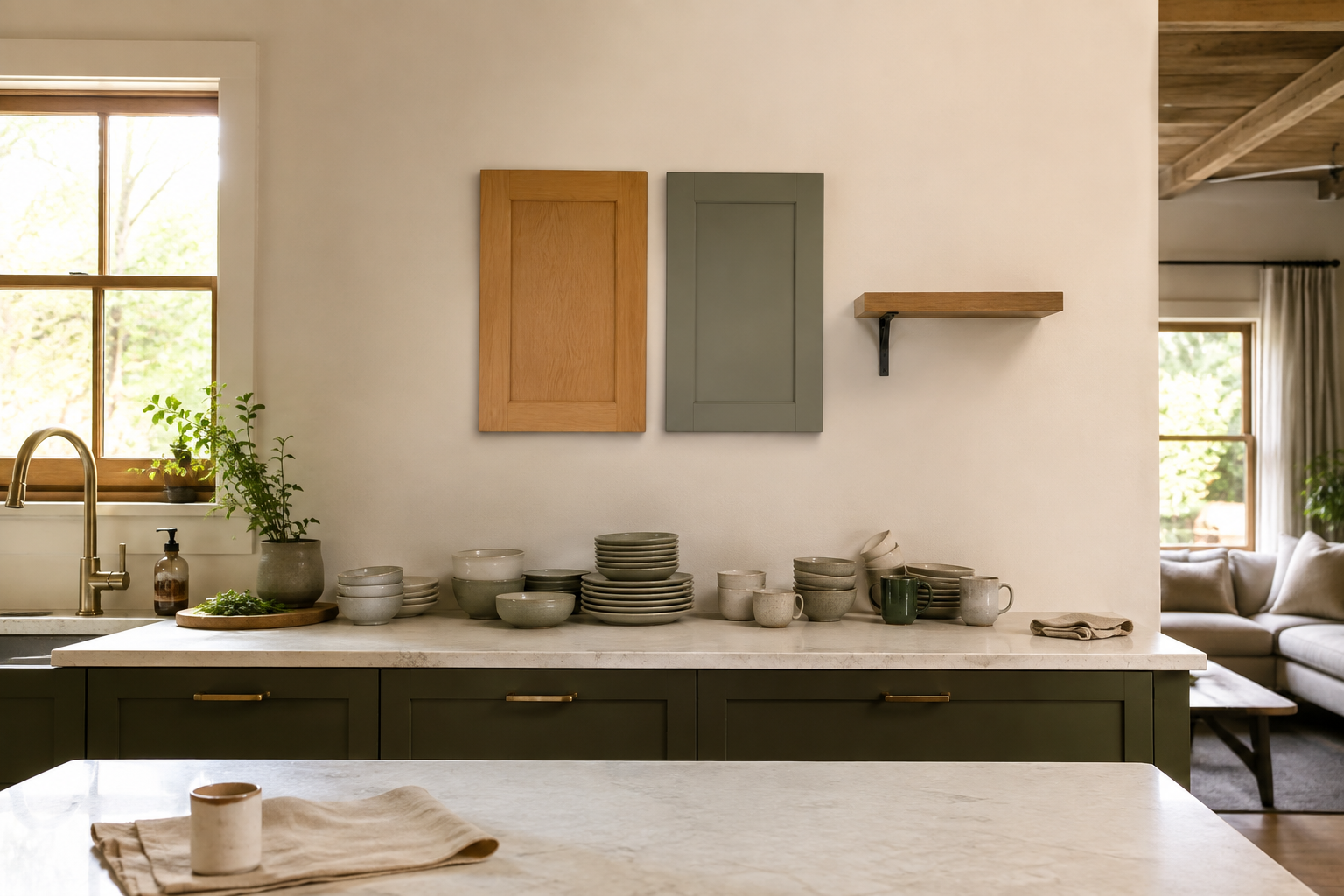 Blank kitchen wall with cabinet-door samples, a shelf and bracket sample, and everyday dishes grouped below.