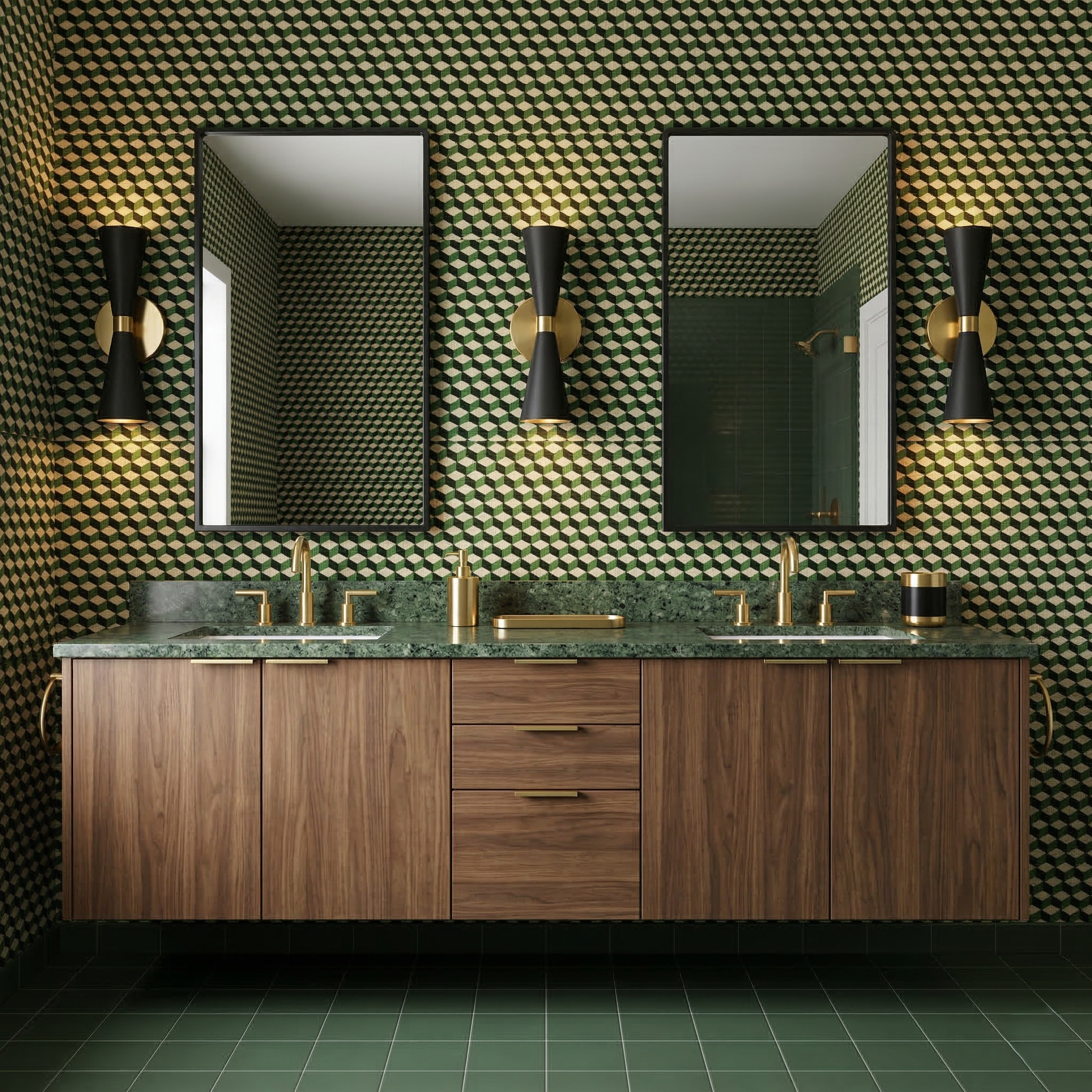 Wood double vanity with a green counter, black-and-green geometric wallpaper, rectangular black mirrors and black-and-gold sconces.