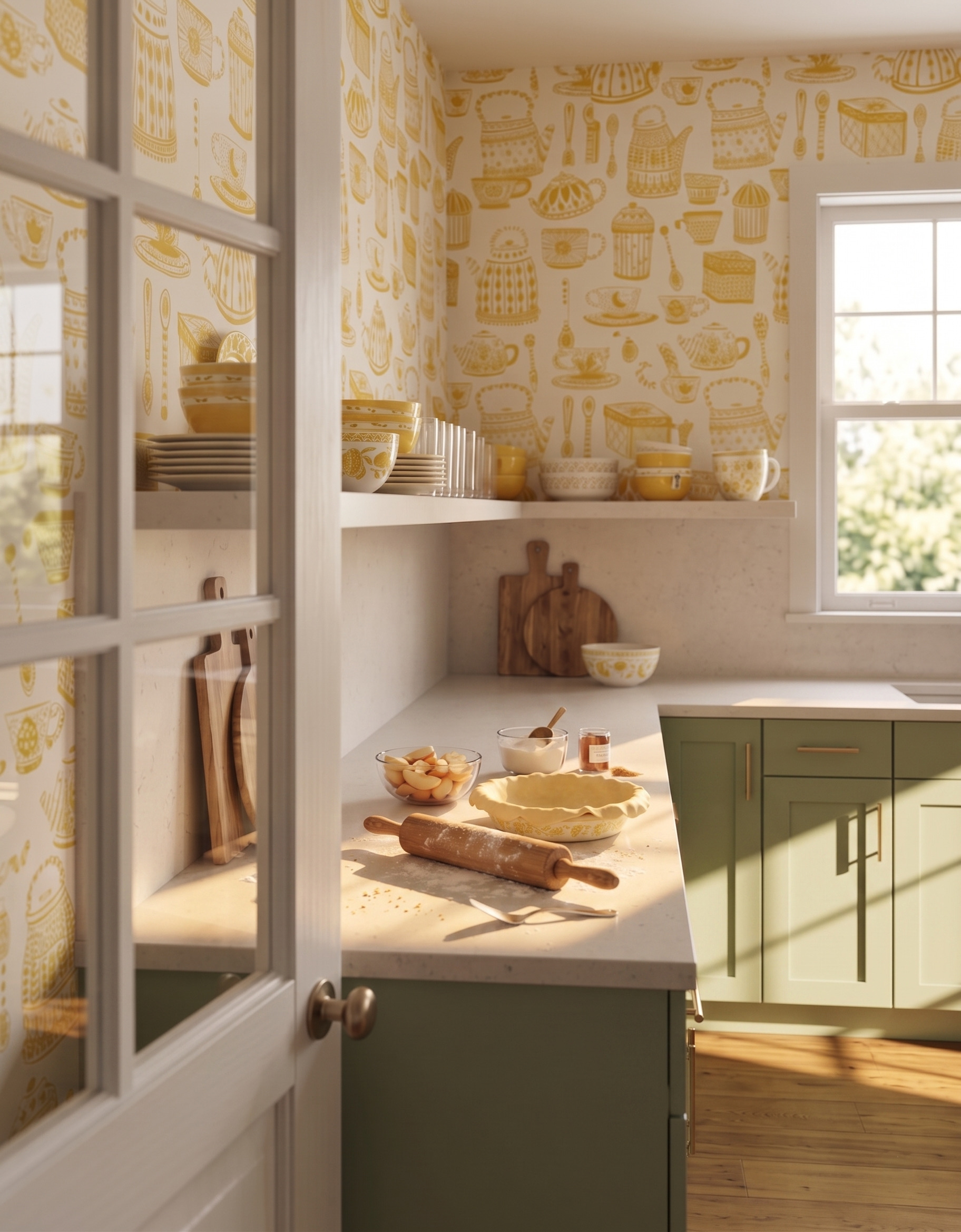 Anna design concept showing green, contrasting materials, cabinetry and layered interior details.