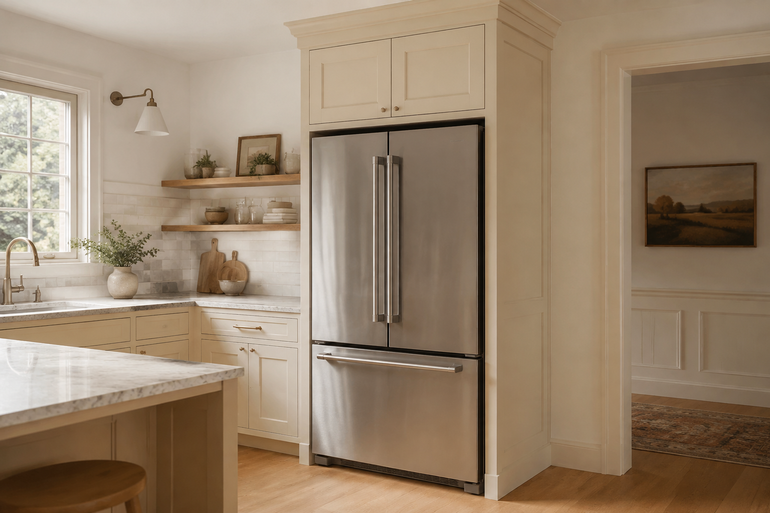 Blank unbranded refrigerator fitted into a finished cabinet enclosure with subtle open air space around it.