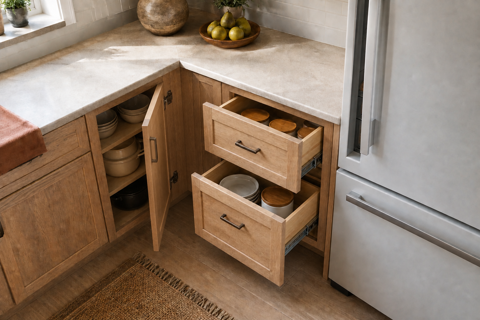 Inside-corner cabinet door swung left and two adjacent drawers pulled straight forward beside a slightly open refrigerator, with visible gaps between every pull and front.