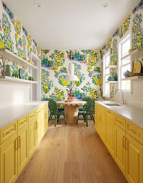 Concept image of a bright yellow galley kitchen with open shelves, a long runner, and colorful artwork at the end.
