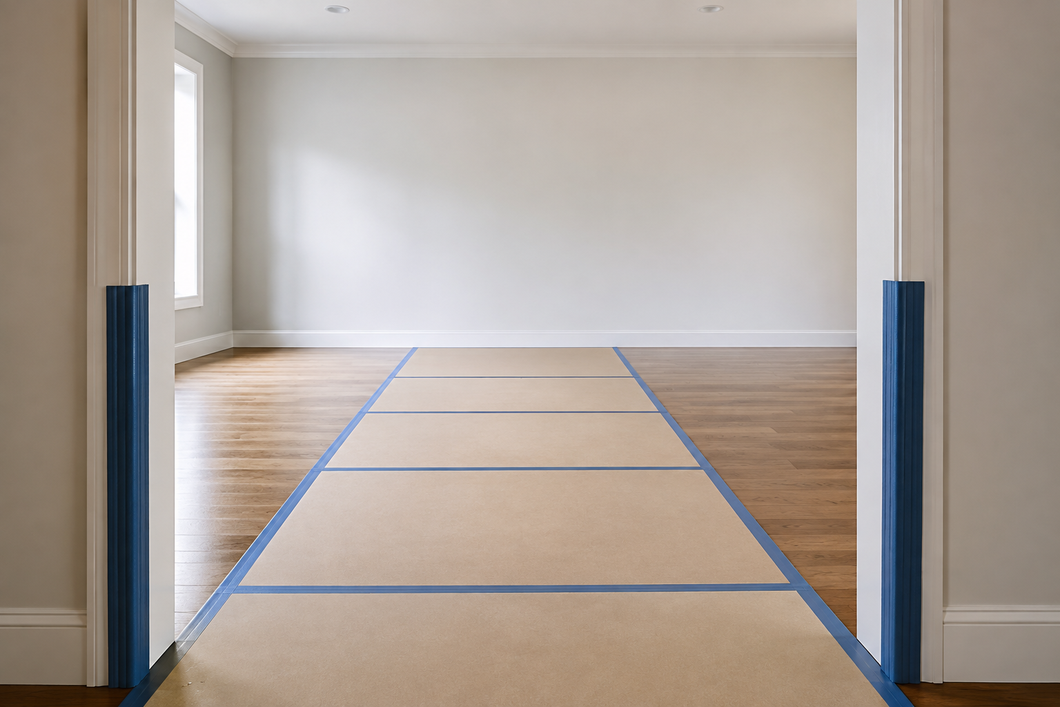 Flat rigid floor-protection path with straight taped seams leading through padded doorway jambs to a clear blank kitchen wall.